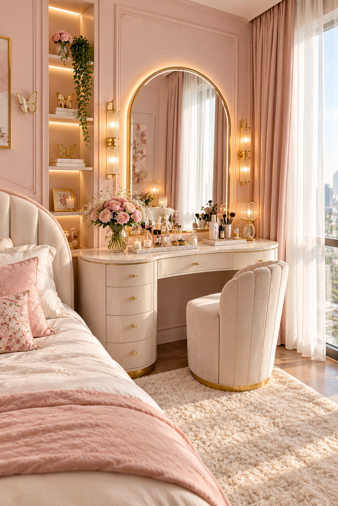 Soft feminine bedroom ideas with vanity corner