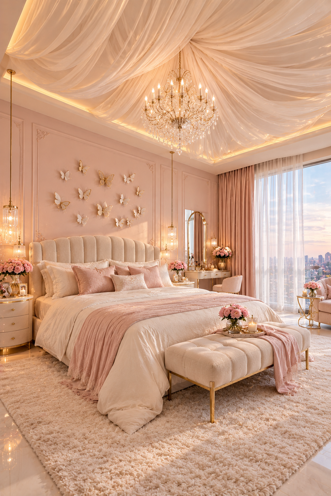 Soft feminine bedroom ideas with ceiling drapery