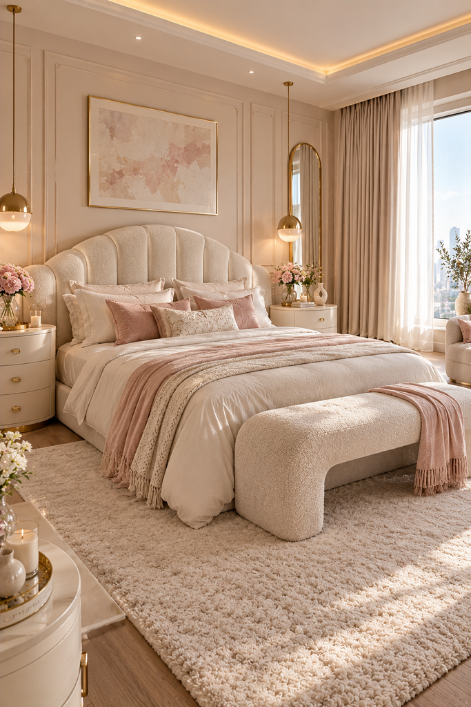 Soft feminine bedroom ideas with bouclé furniture
