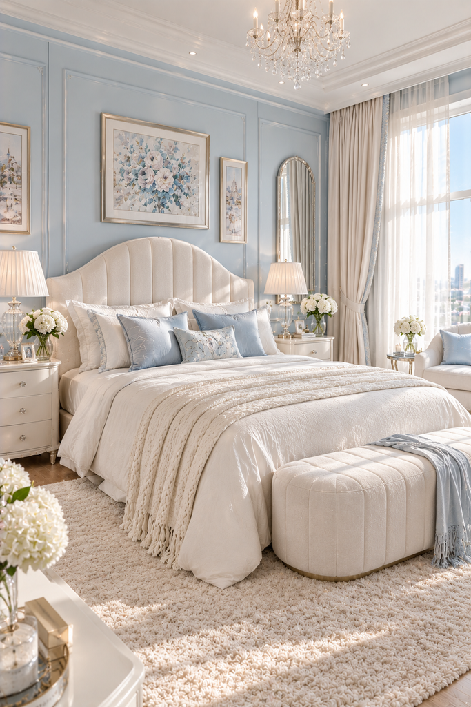 Soft feminine bedroom ideas with powder blue