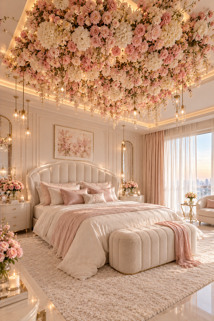 Soft feminine bedroom ideas with floral ceiling