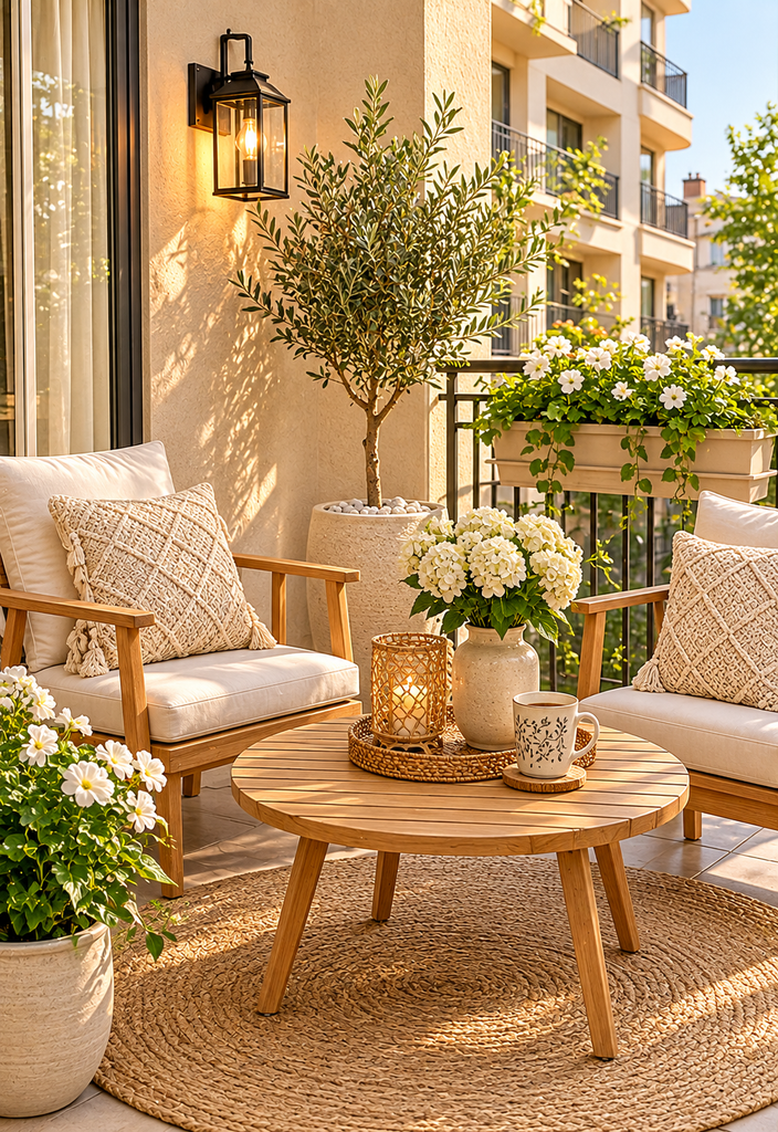 Balcony coffee corner ideas with wooden furniture