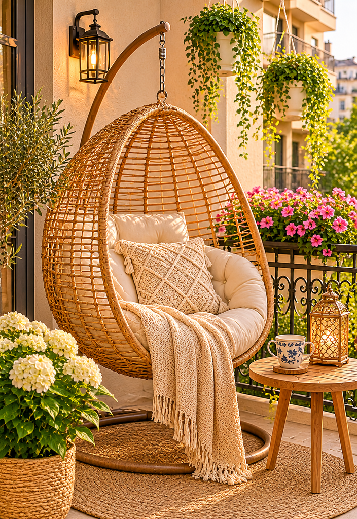 Balcony coffee corner ideas with swing chair