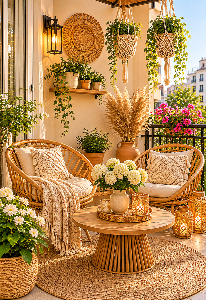 Balcony coffee corner ideas with boho decor