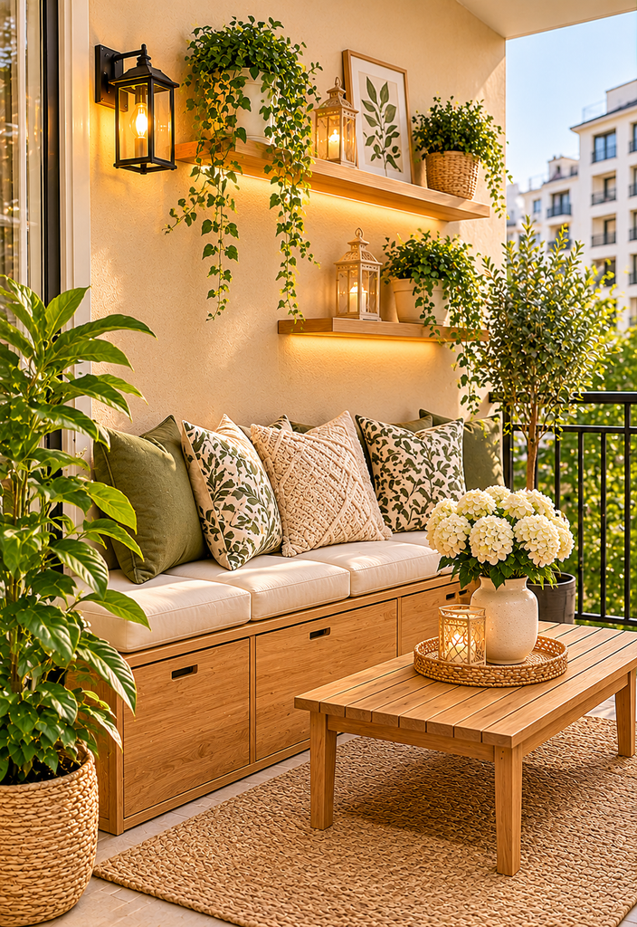 Balcony coffee corner ideas with storage bench