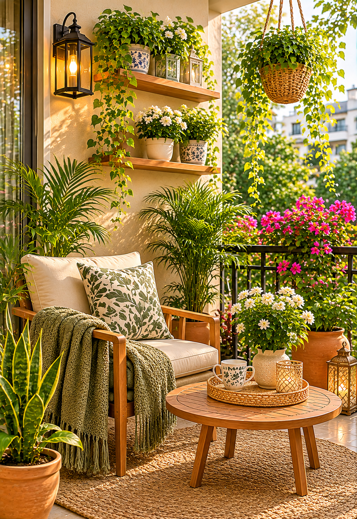 Balcony coffee corner ideas surrounded by greenery