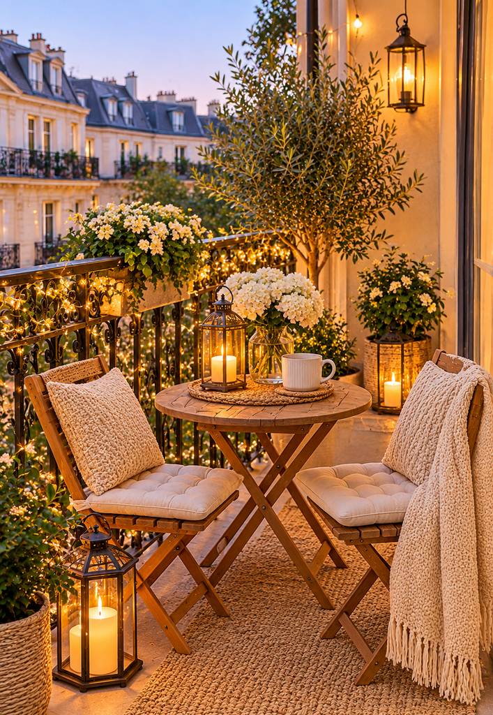 Balcony coffee corner ideas with string lights
