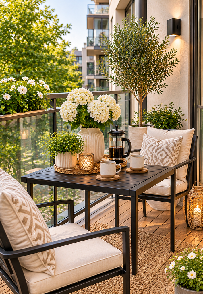 Balcony coffee corner ideas with black accents