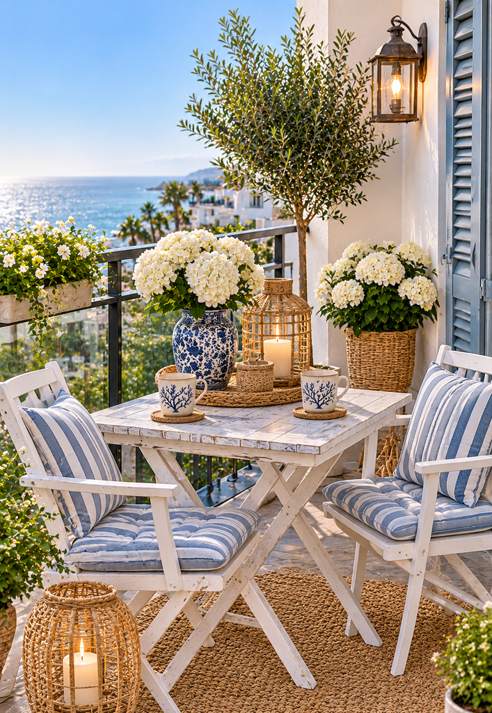 Balcony coffee corner ideas with coastal decor