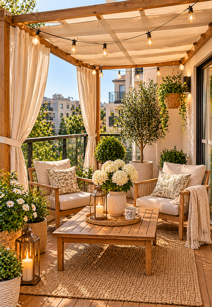 Balcony coffee corner ideas with pergola shade
