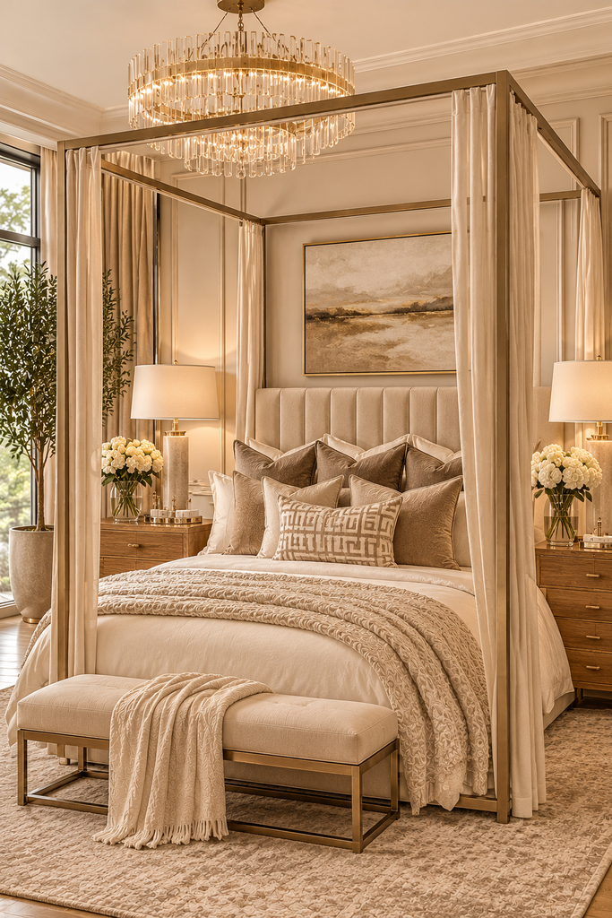 luxury canopy bed ideas 14 Luxury canopy bed ideas with beige upholstery