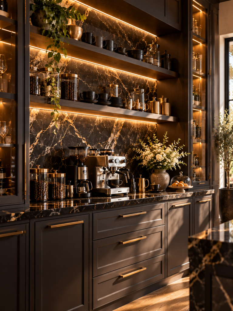 Black marble modern coffee bar kitchen