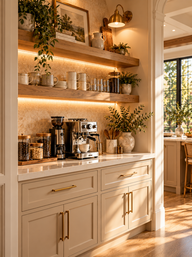 Corner modern coffee bar ideas for kitchen