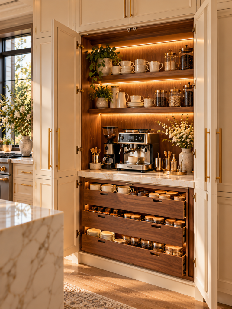 Built-in modern coffee bar ideas for kitchen