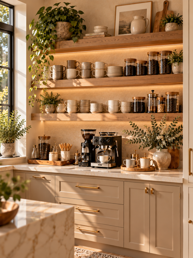 Floating shelf modern coffee bar kitchen