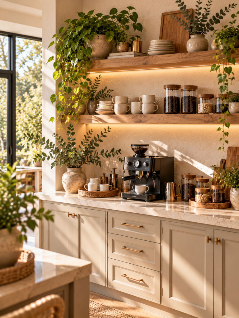 Oak modern coffee bar ideas for kitchen