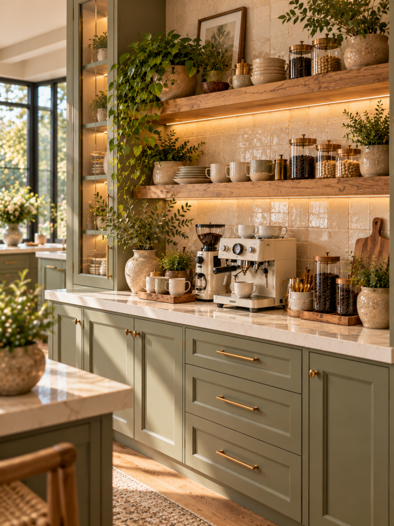 Sage modern coffee bar ideas for kitchen