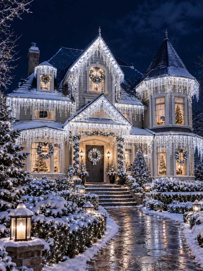 Sparkling outdoor Christmas lighting ideas roofline