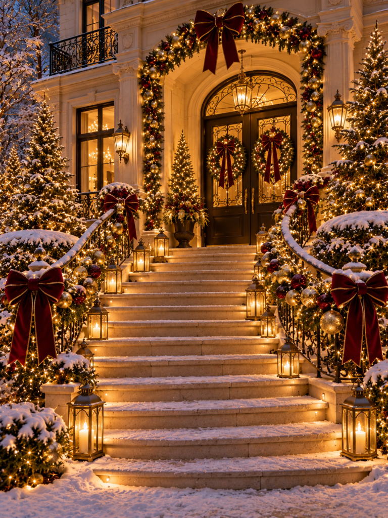 Grand outdoor Christmas lighting ideas staircase